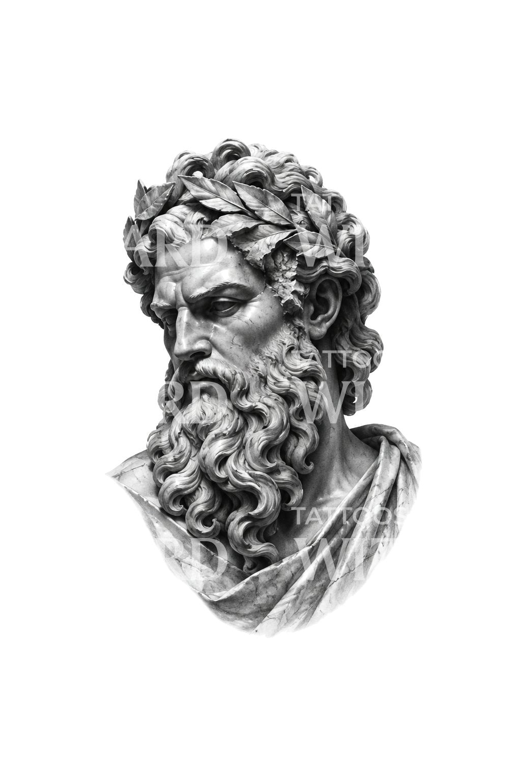 Busto de mármore de um deus barbudo, ilustração de tatuagem