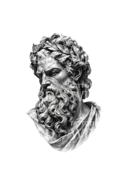 Busto de mármore de um deus barbudo, ilustração de tatuagem