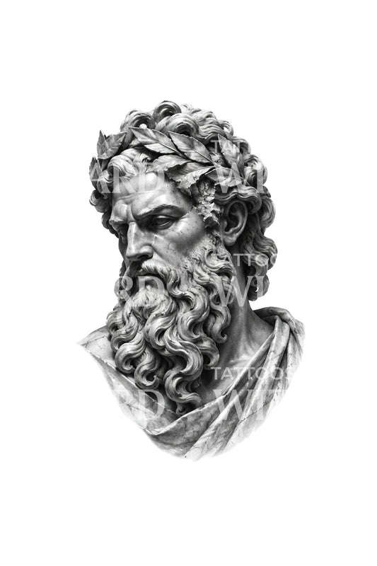 Busto de mármol de un dios barbudo, ilustración de tatuaje