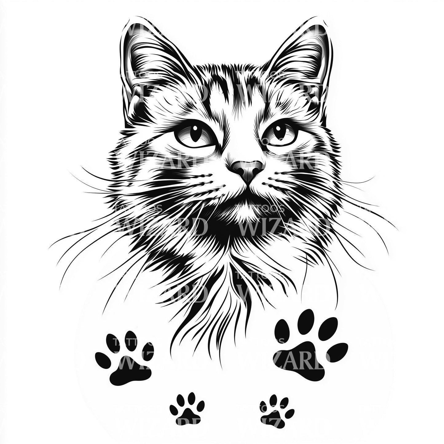 Beautiful Cat & Paw Print Tattoo Design