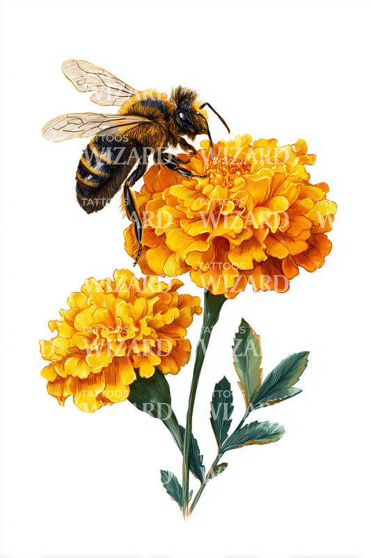 Bee and Marigold Tattoo Design