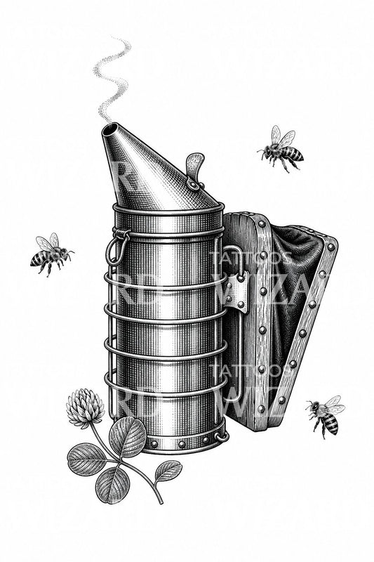 Design per tatuaggio con affumicatore da apicoltore e api