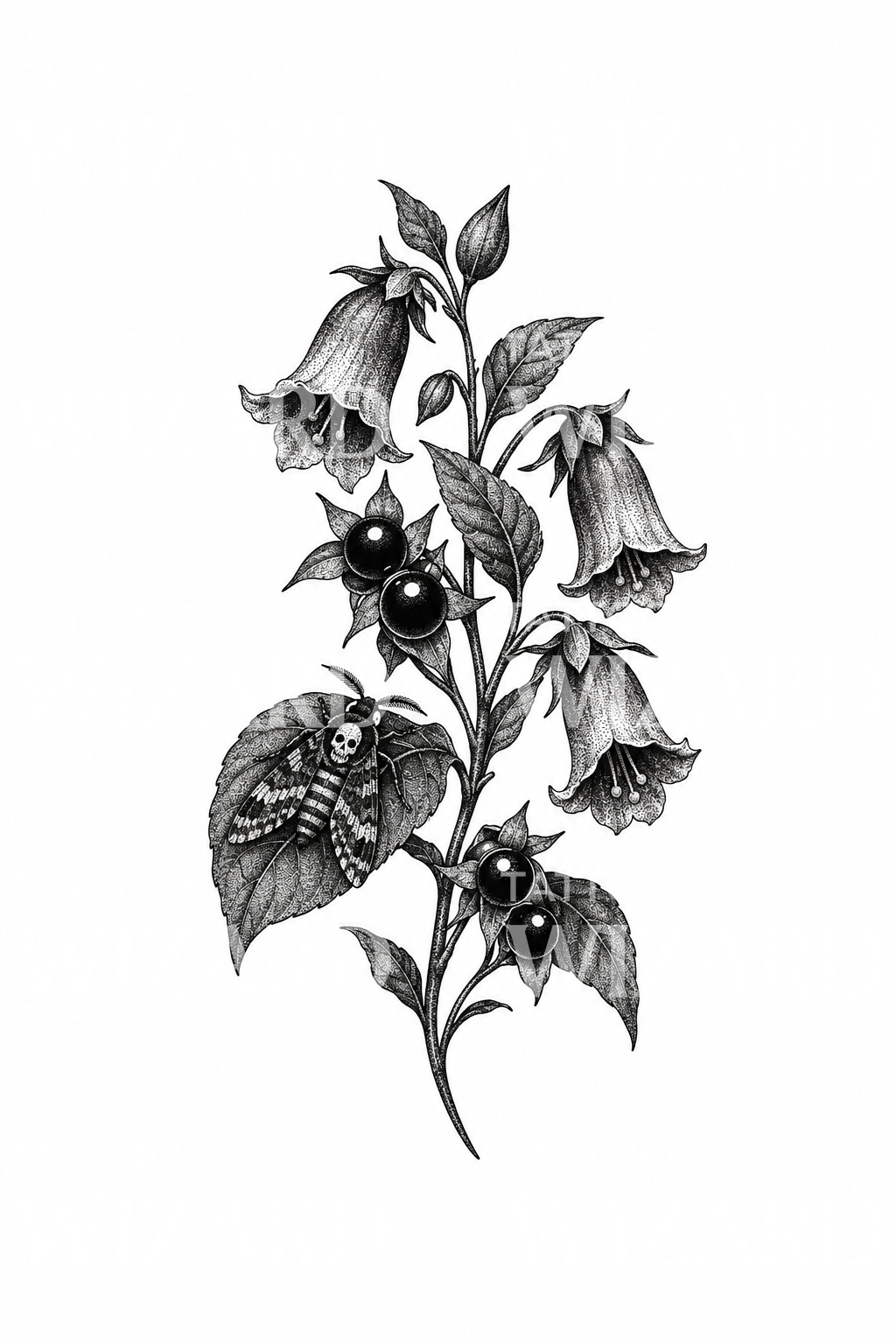 Belladonna mit Totenkopfschwärmer, Dotwork-Tattoo