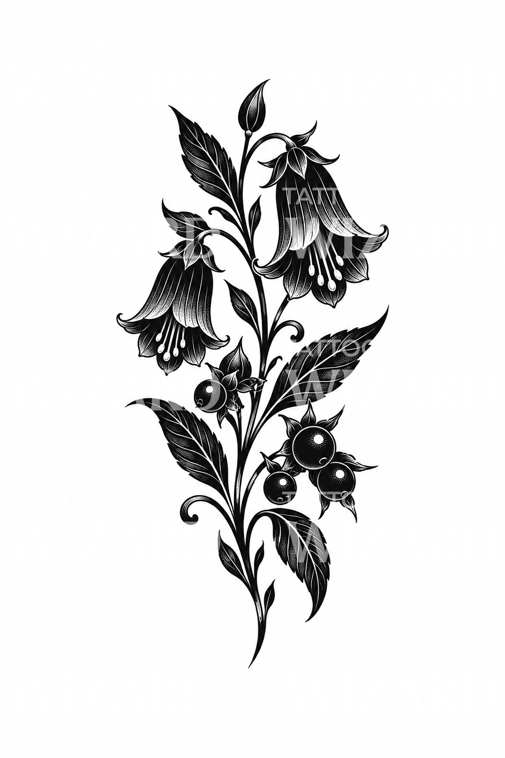 Belladonna Sprig Bold Blackwork Tattoo Illustration
