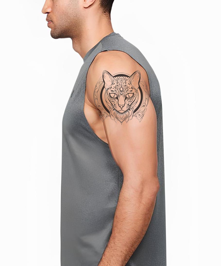 Design de Tatuagem de Cabeça de Gato Bengal com Padrões em Círculo