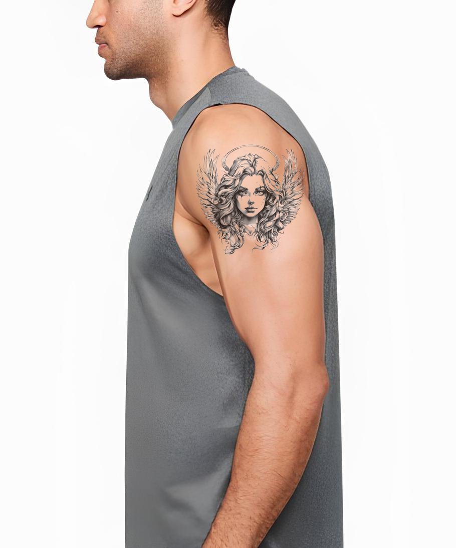 Rebel Angel Portrait Black and Grey Tattoo Design