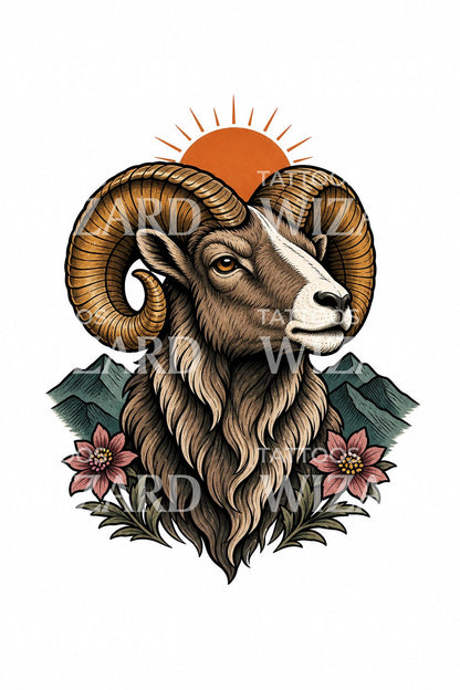 Tetovací návrh neotradičního berana tlustorohého s horským sluncem