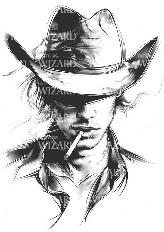 Billy the Kid Cowboy Smoking Tattoo Design