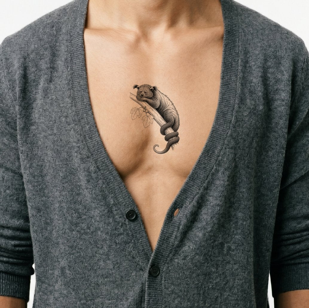 Diseño de tatuaje de un binturón descansando en una rama