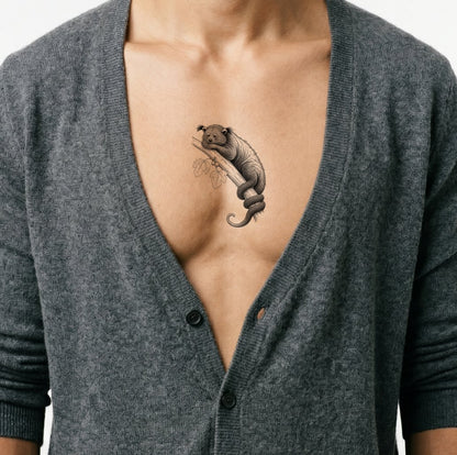 Diseño de tatuaje de un binturón descansando en una rama