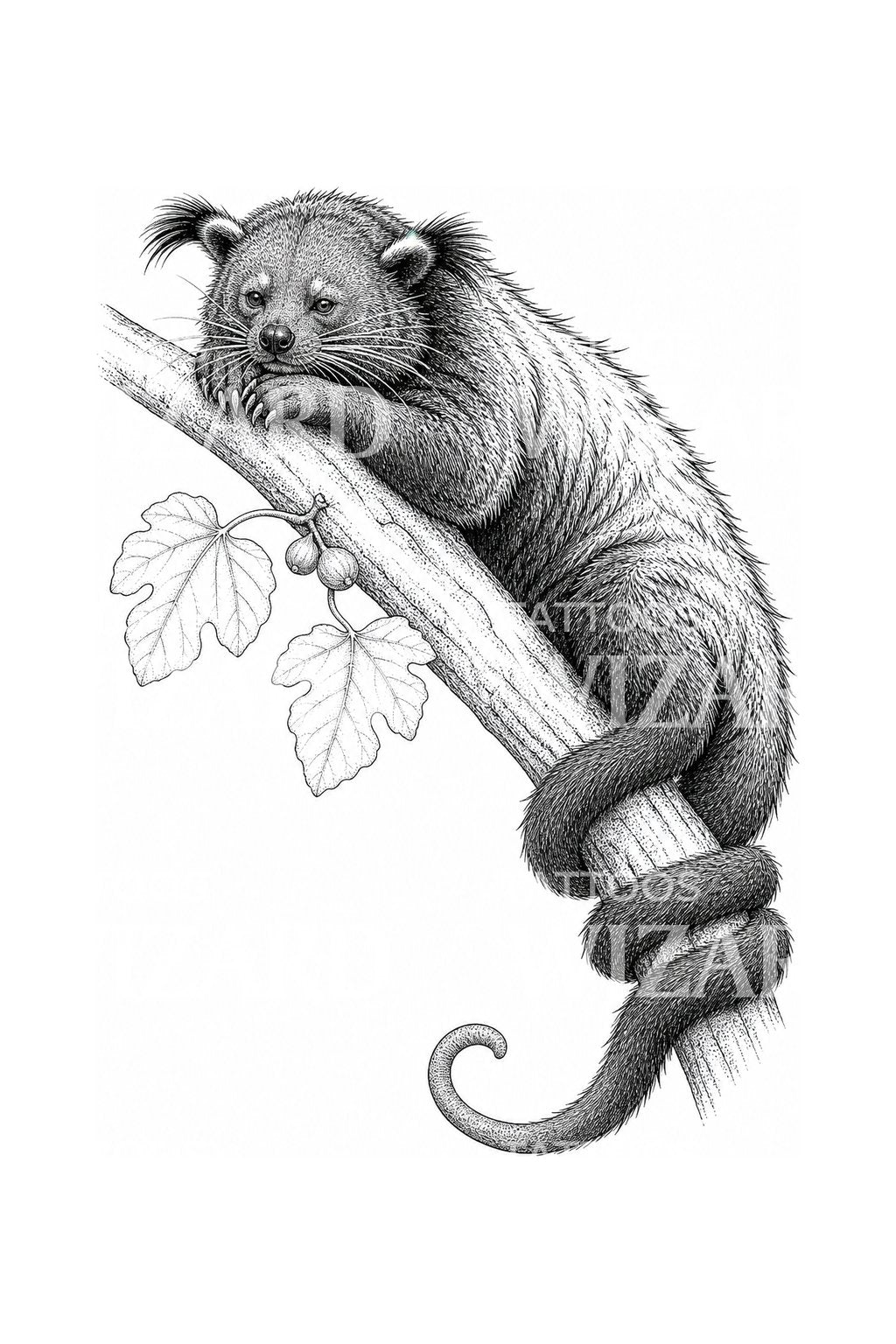 Diseño de tatuaje de un binturón descansando en una rama
