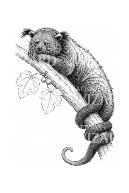 Diseño de tatuaje de un binturón descansando en una rama
