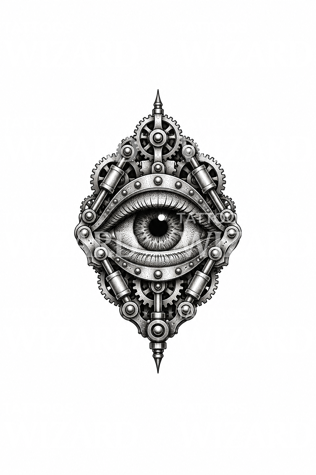 Biomechanisches Auge mit Zahnrädern und Kolben im Dotwork