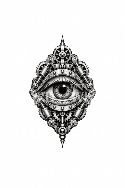 Biomechanisches Auge mit Zahnrädern und Kolben im Dotwork