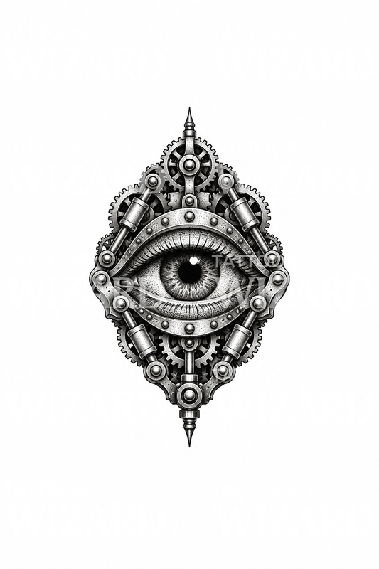 Biomechanisch oog met tandwielen en zuigers in dotwork