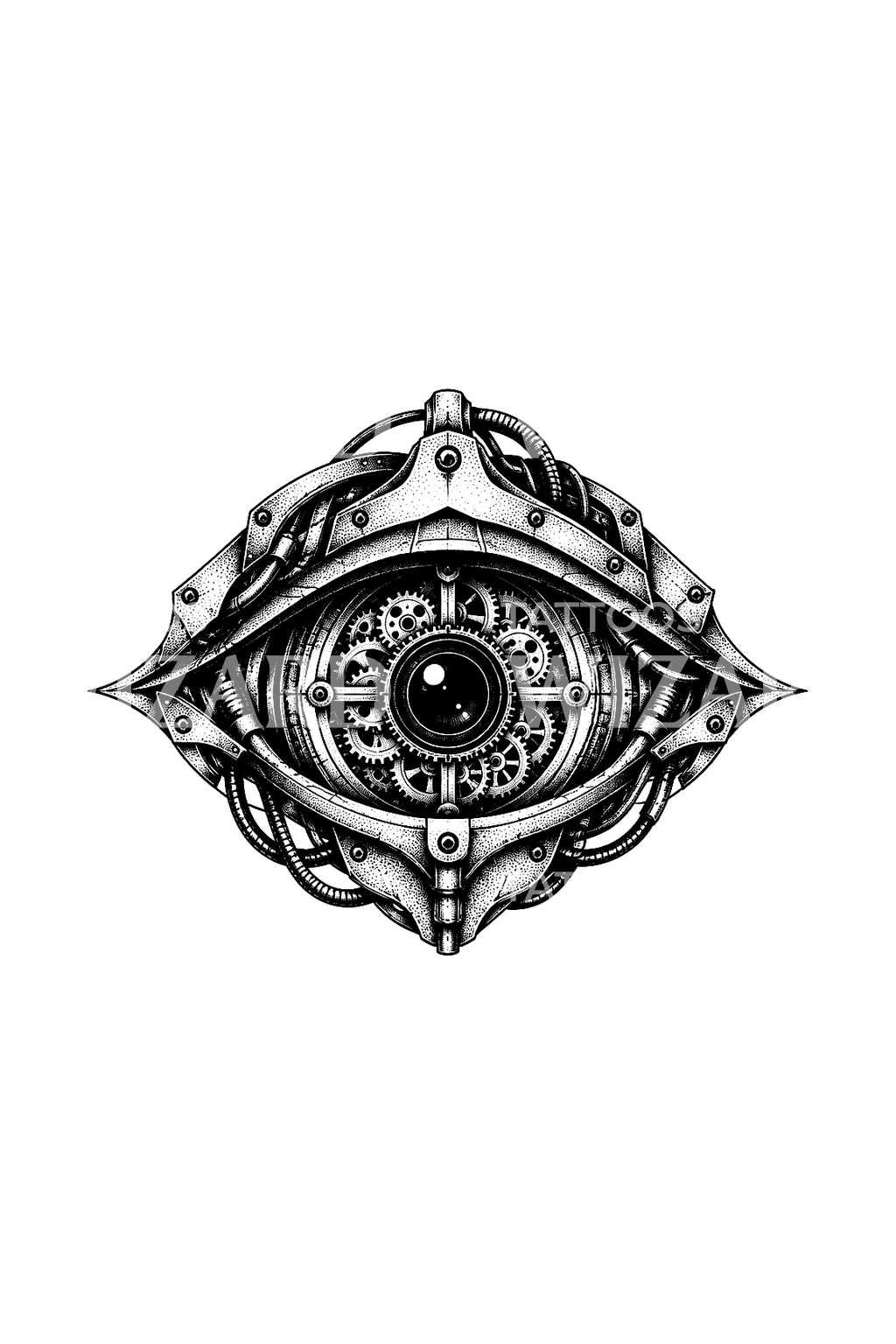 Occhio biomeccanico con iride a ingranaggio in dotwork
