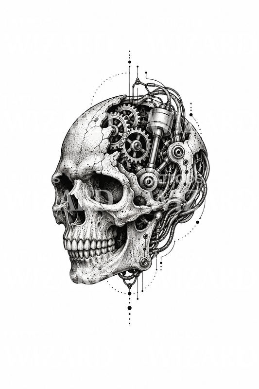 Diseño de tatuaje de calavera biomecánica con engranajes, puntillismo
