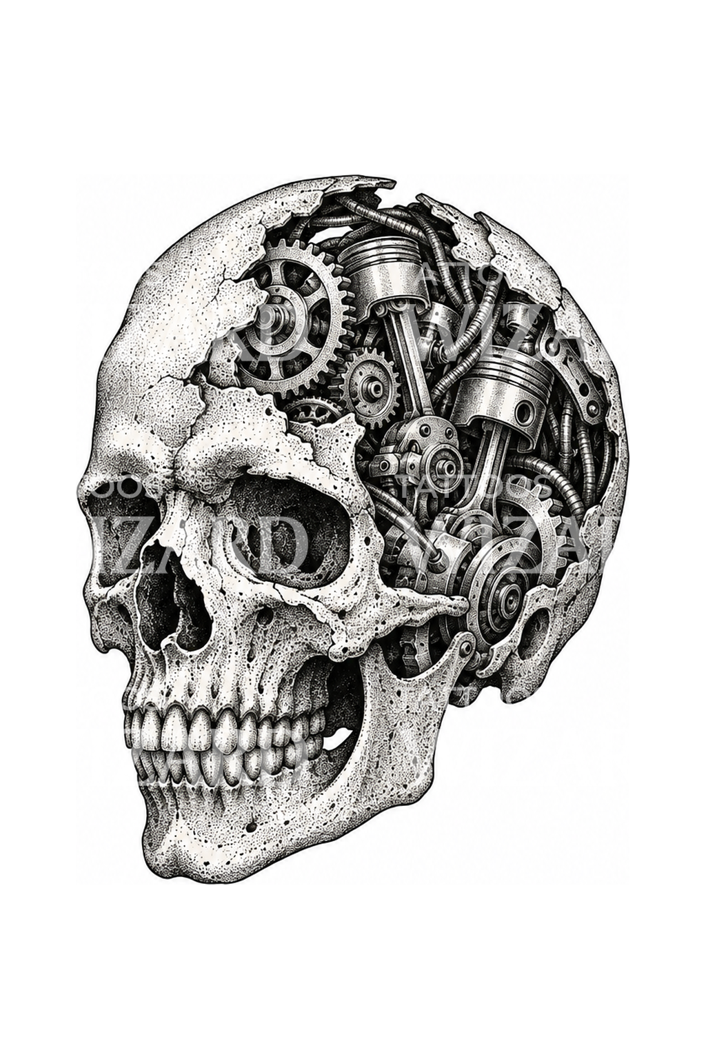 Biomechanical Gear Skull Stipple Tattoo Design