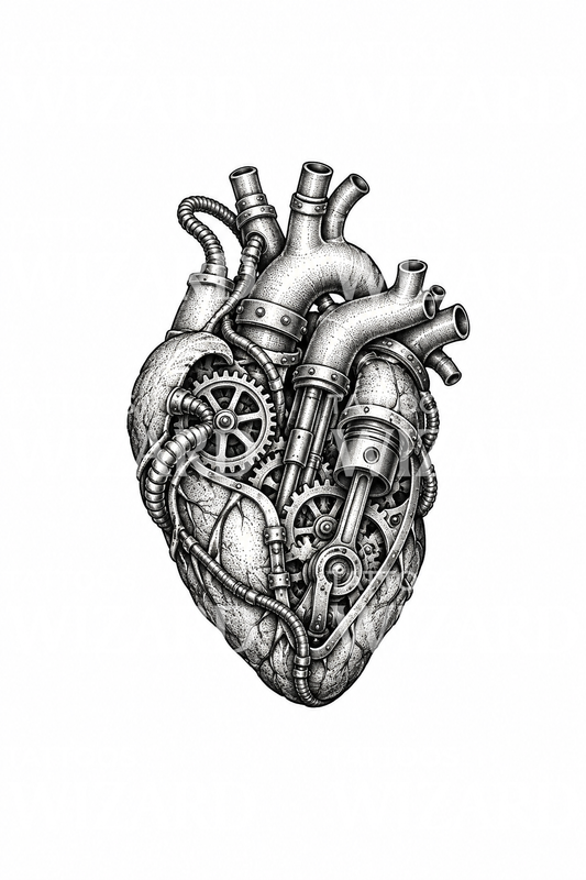 Biomechanical Heart with Gears and Pistons Dotwork Tattoo