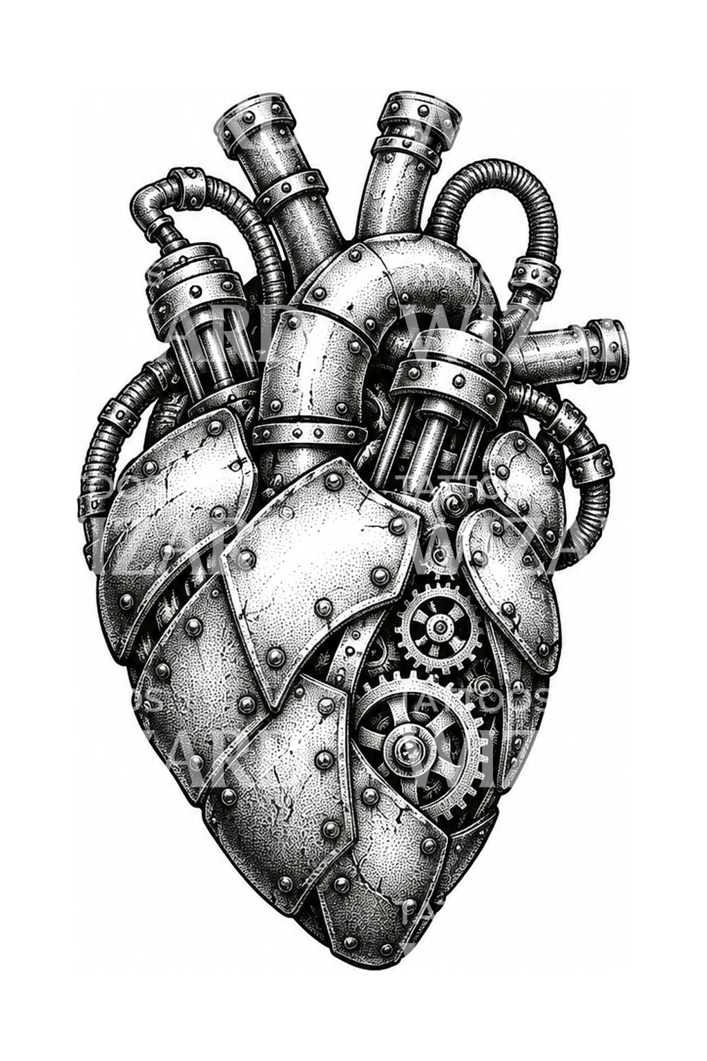 Biomechanical Iron Heart Stipple Tattoo Design