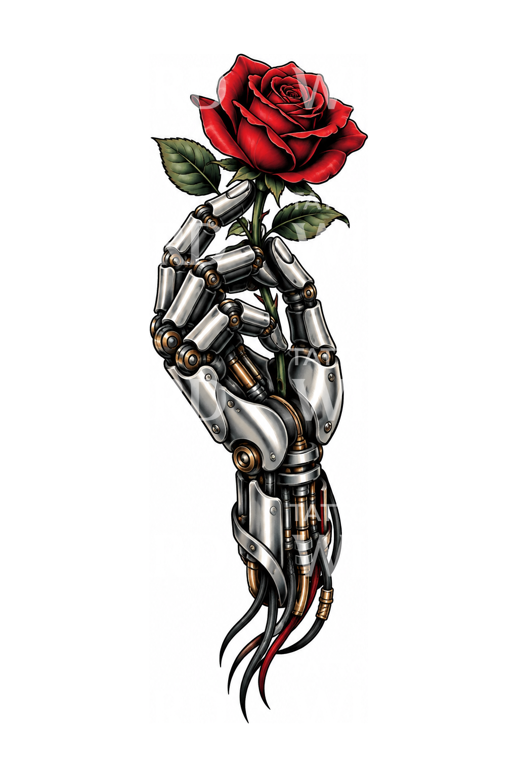 Biomekanisk robothånd som holder en rød rose