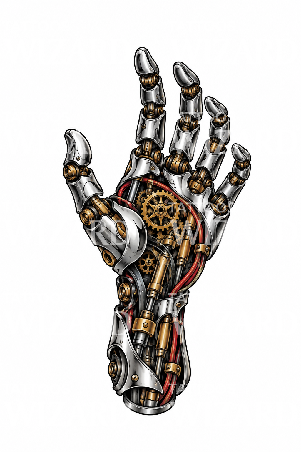 Biomekanisk robothånd med tandhjul og stempler, tatovering