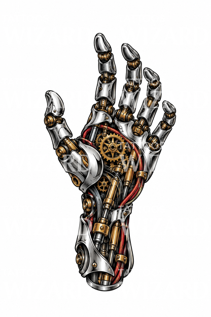 Biomekanisk robothånd med tandhjul og stempler, tatovering