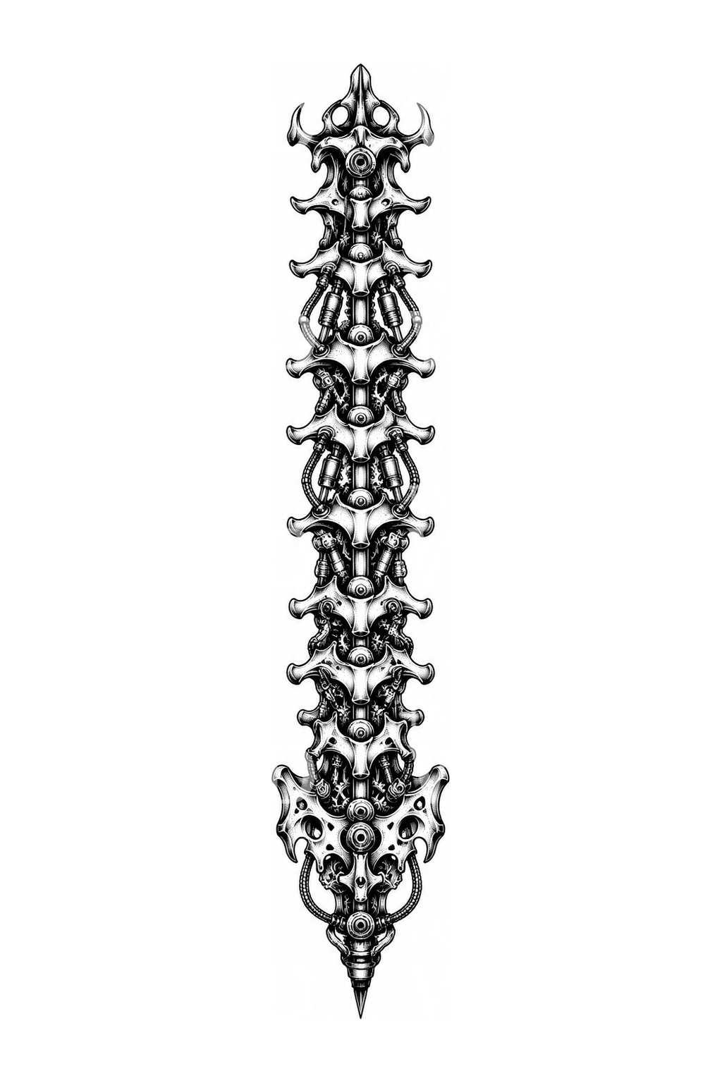Biomekanisk ryggrad med kolvar, blackwork-tatuering