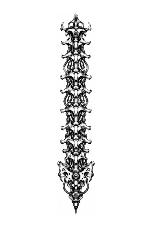 Biomekanisk ryggrad med kolvar, blackwork-tatuering