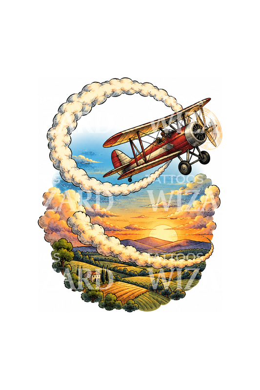 Tatovering med veteranfly i loop over marklapper
