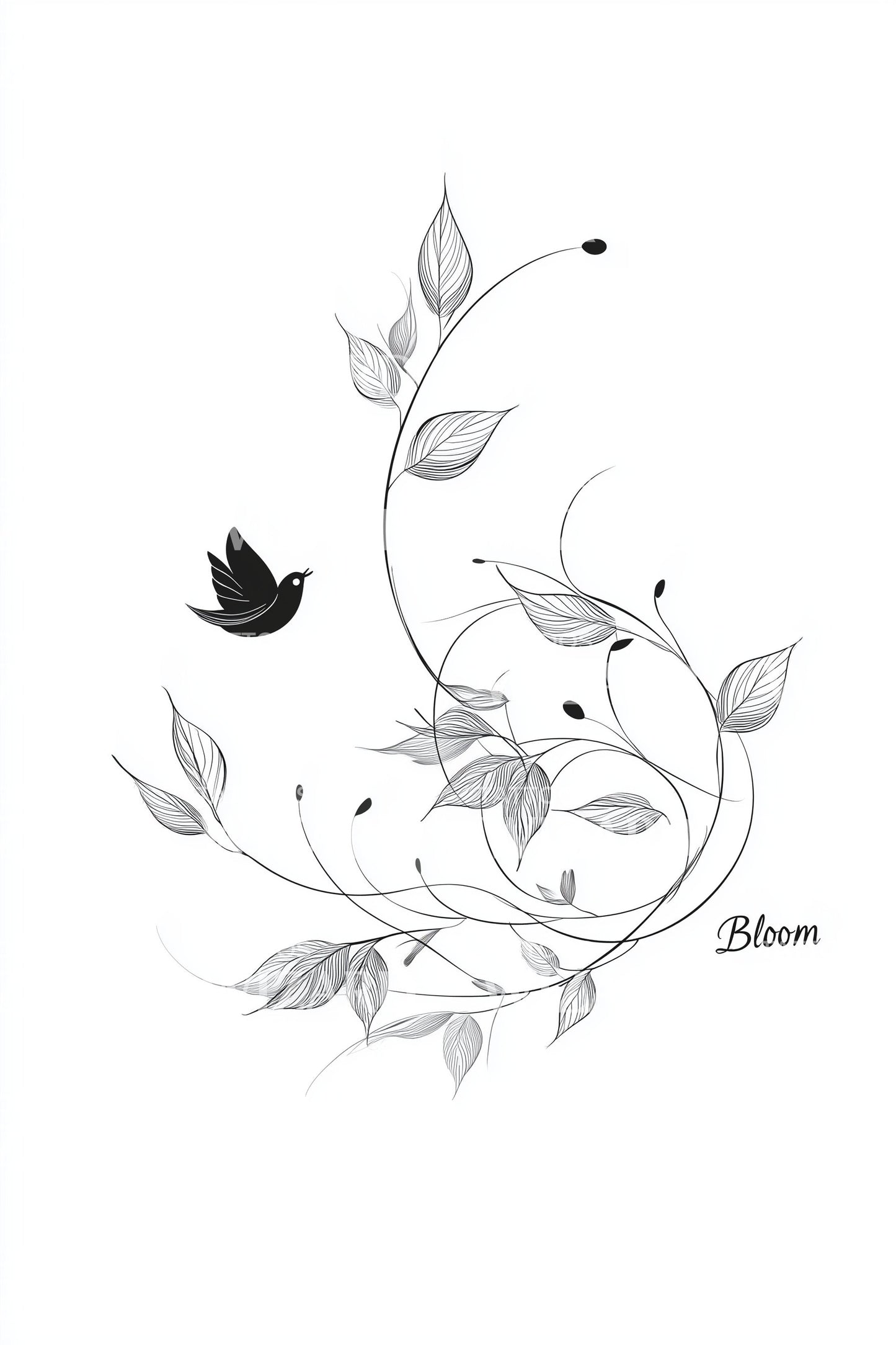 Bird and Leaf Whirl Tattoo Design