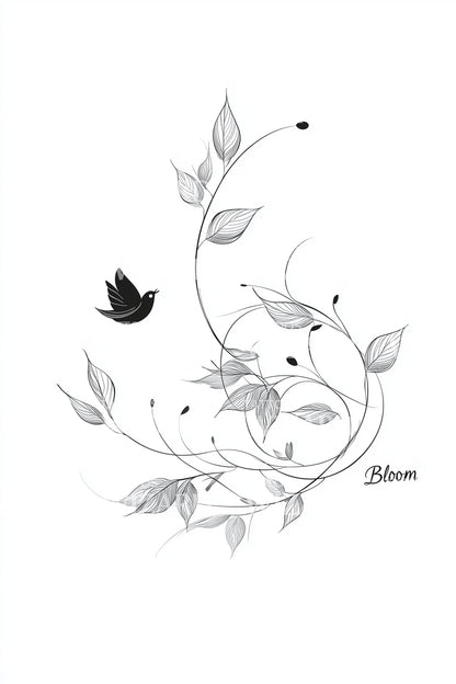 Bird and Leaf Whirl Tattoo Design