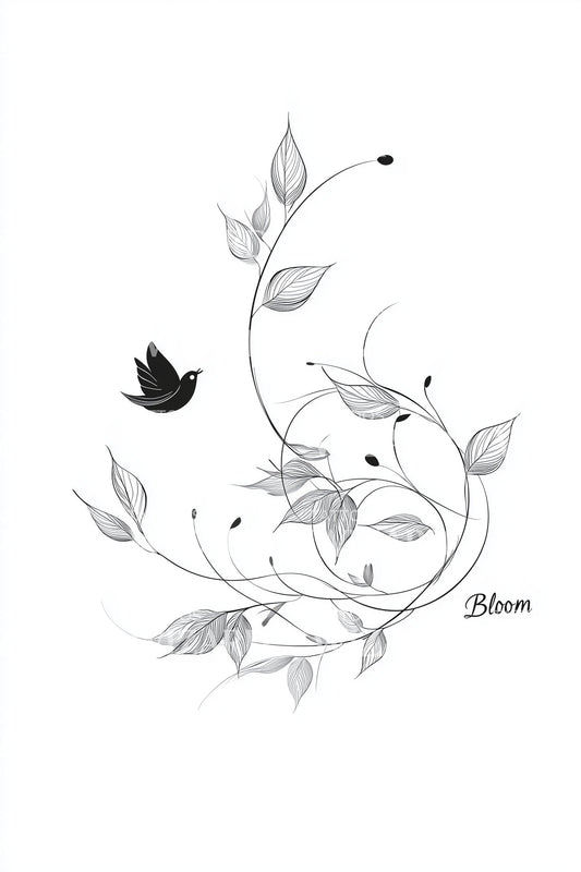 Bird and Leaf Whirl Tattoo Design