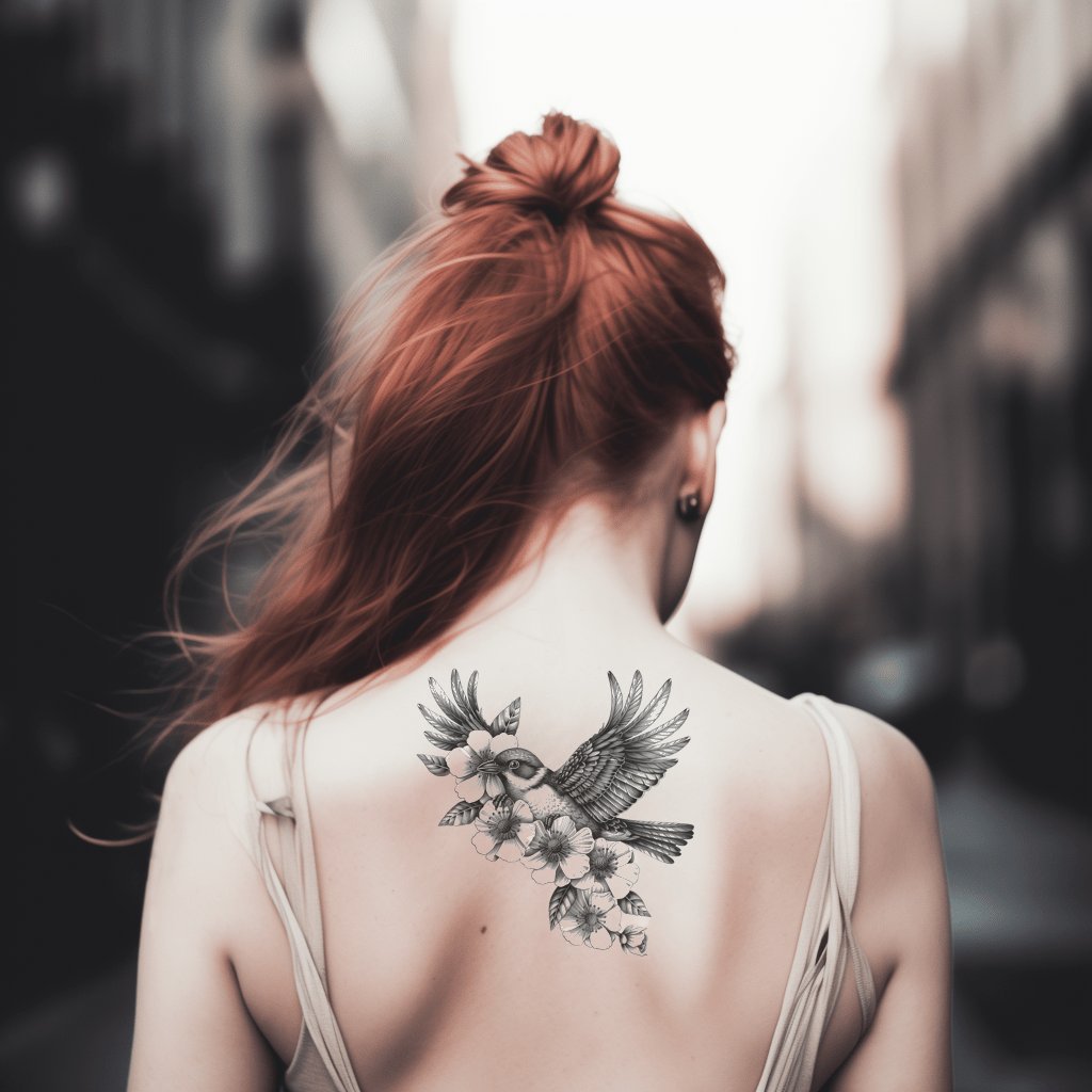Fliegender Vogel im Kirschblüten-Tattoo-Design