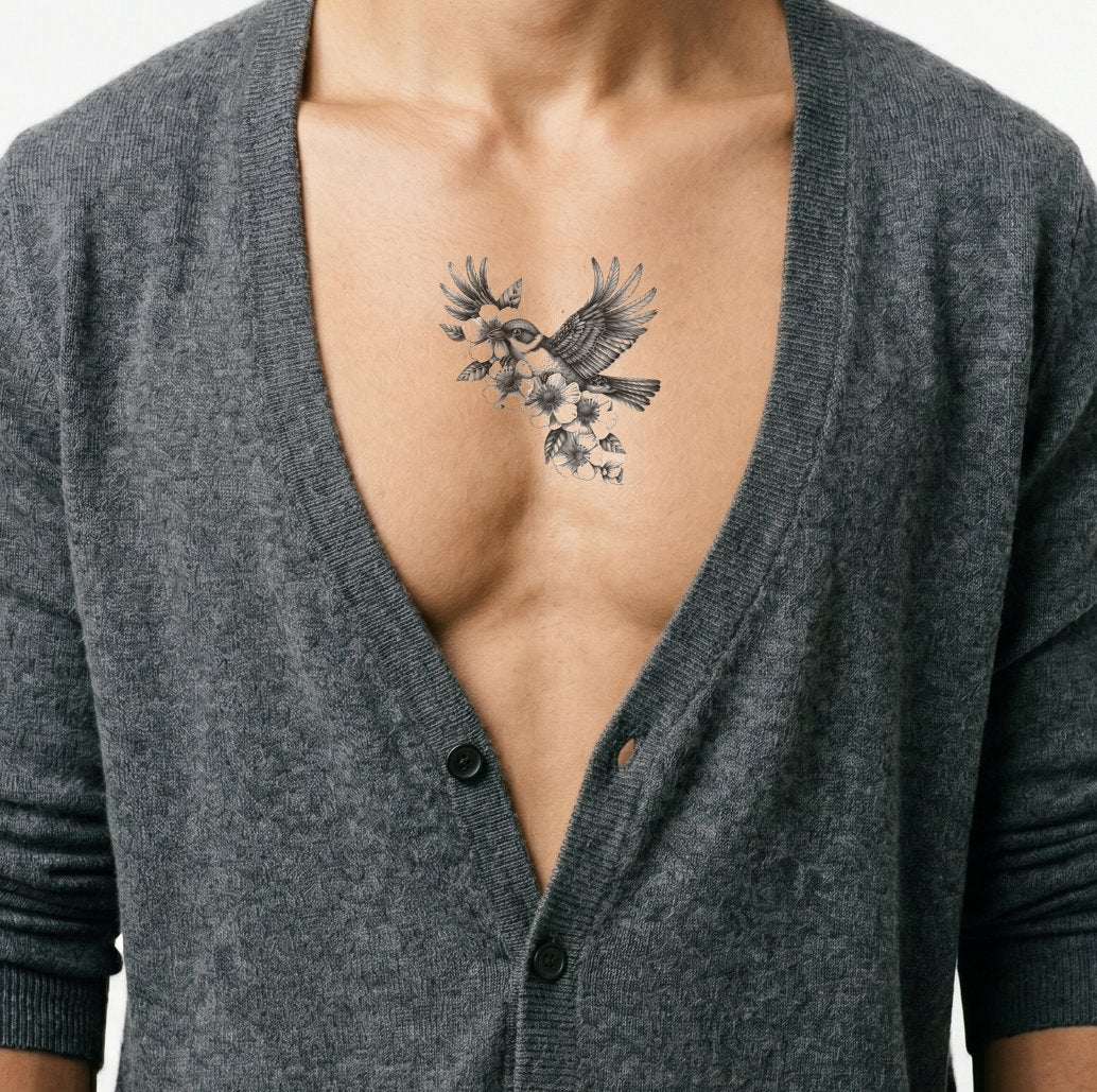 Fliegender Vogel im Kirschblüten-Tattoo-Design
