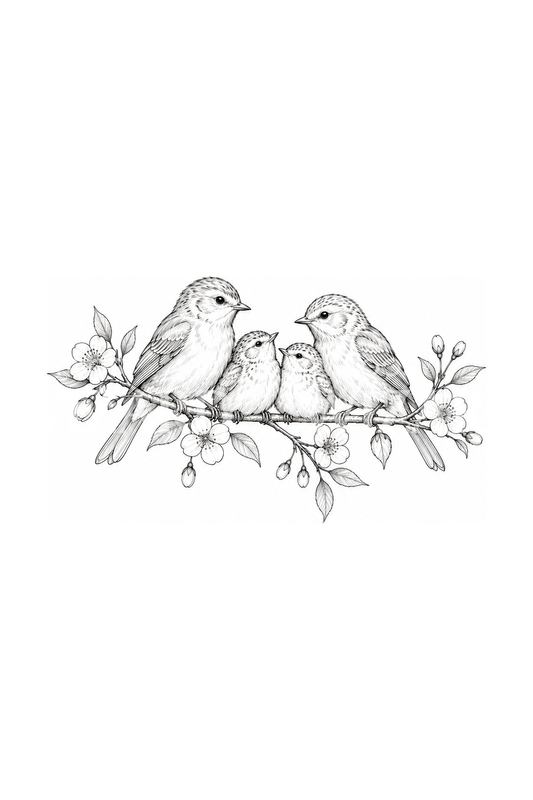 Tattoo-idee van een vogelfamilie op een bloeiende tak