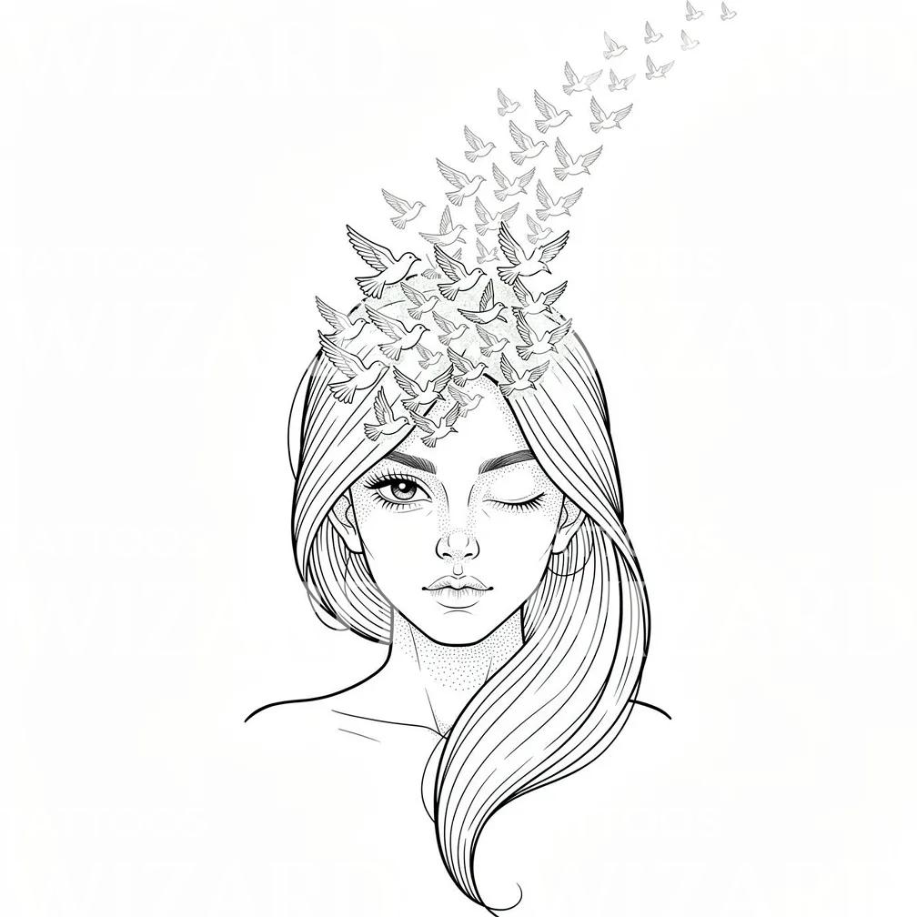 Design de tatouage portrait en envol d'oiseaux