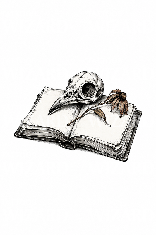 Tatuagem em esboço de caveira de ave num livro aberto