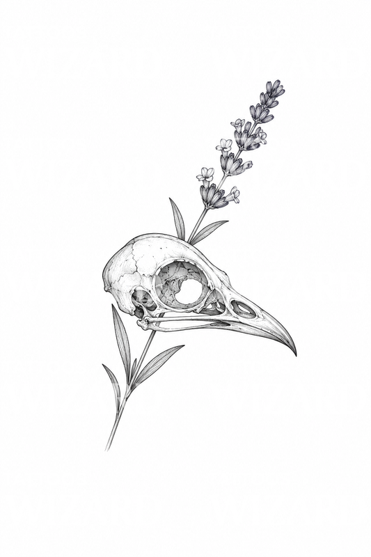 Tatuagem de caveira de ave e lavanda em linha fina