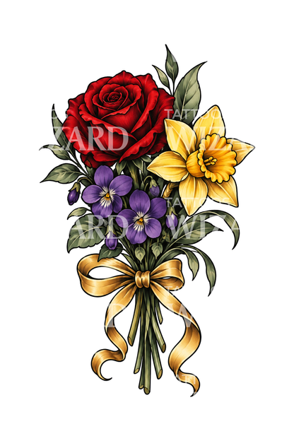 Birth Flower Bouquet Rose Violet and Daffodil Tattoo
