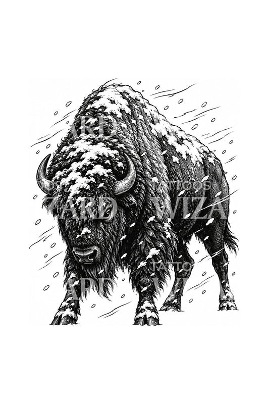 Træsnit-tatoveringsdesign med bison i snestorm