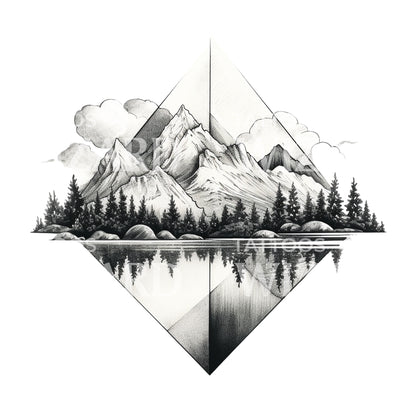 Dotwork Mountain Lake Tattoo Design