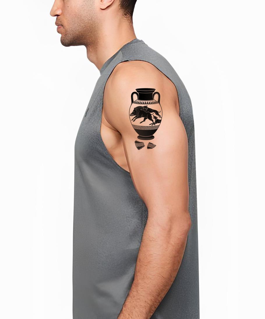 Grekisk svartfigursamfora, tatueringsdesign