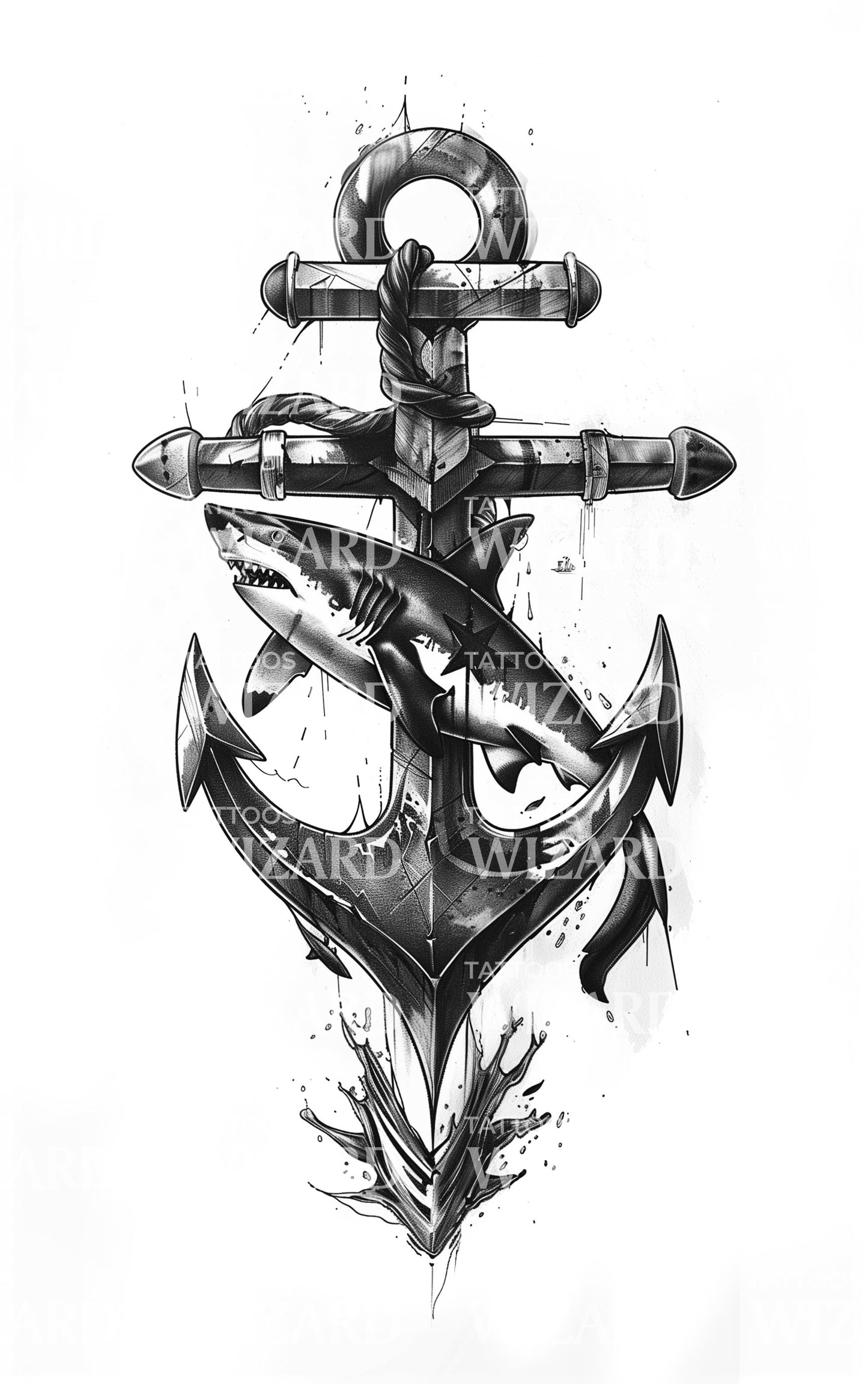 Black & Grey Anchor and Shark Tattoo Design