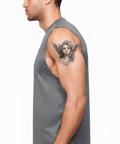 Desenho de Tatuagem de Retrato de Mulher Anjo a Preto e Cinzento