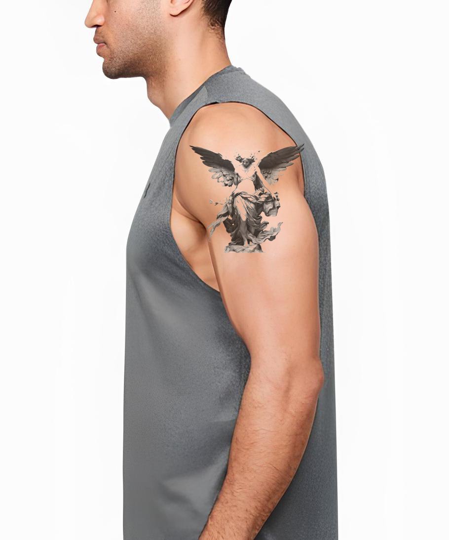 Black and Grey Angel Statue Tattoo Design