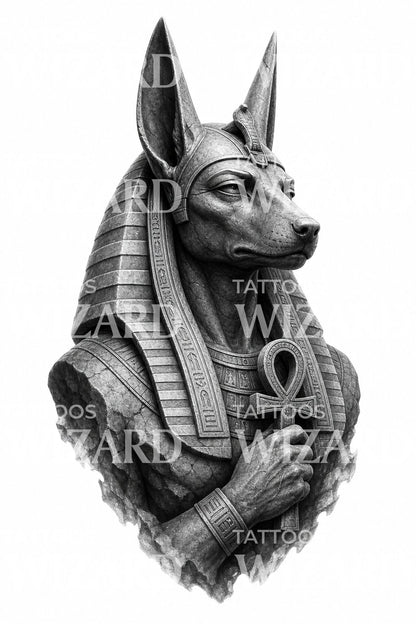 Black and Grey Anubis Statue Tattoo Design