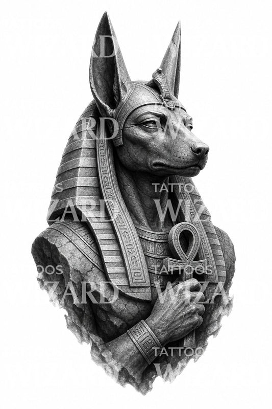 Desain Tato Patung Anubis Hitam dan Abu-abu