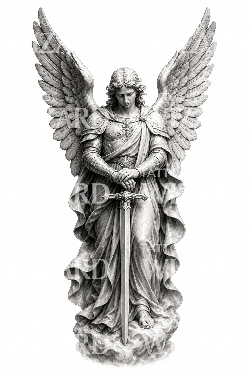 Ilustración de tatuaje de estatua de arcángel en negro y gris