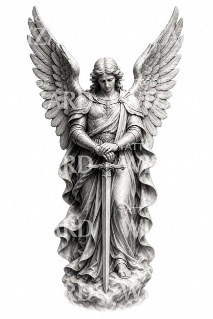 Ilustración de tatuaje de estatua de arcángel en negro y gris
